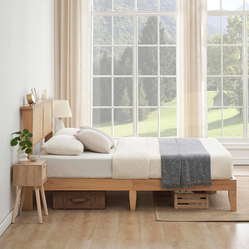 ✅Full Bed Frame W/Rattan Headboard Platform Bed Frame LED Lights Wood Headboard
