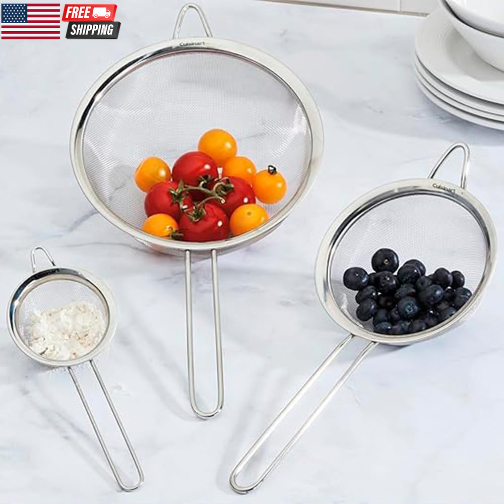 Mesh Strainers, 3 Count Stainless Steel Mesh Strainers for Kitchen, Fine Mesh Ki