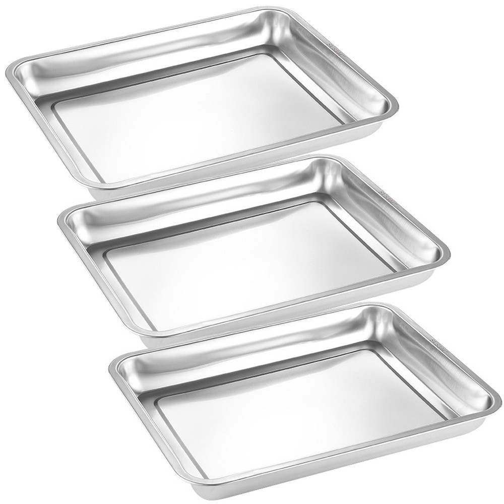 3pcs Oven Pan Stainless Steel Rectangular Heavy Duty Deep Edged Tray