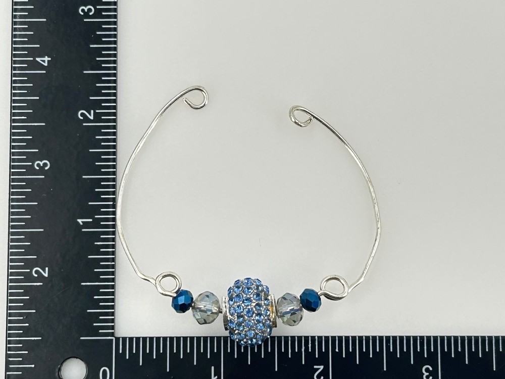 Blue Crystal Bead Silver Tone Adjustable Open Bangle Bracelet 3.5"
