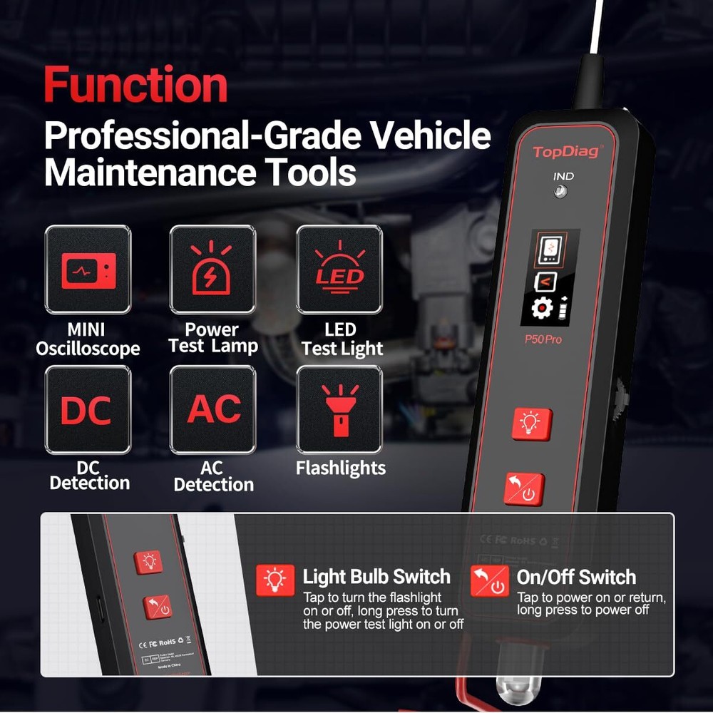 Topdiag P50 Pro Mini Oscilloscope Circuit Tester DC/AC Detection LED Test Light