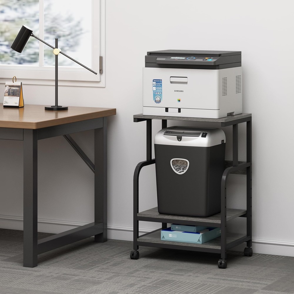 Printer Stand with Height Adjustable Storage Shelf, 3 Tier Mobile Printer Tab...