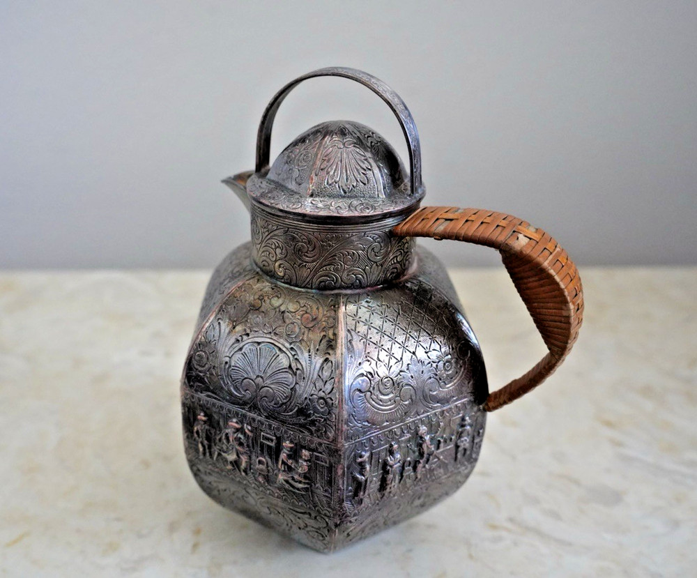 Antique EG Webster Silver Repoussé Pitcher Ornate with Rattan Handle