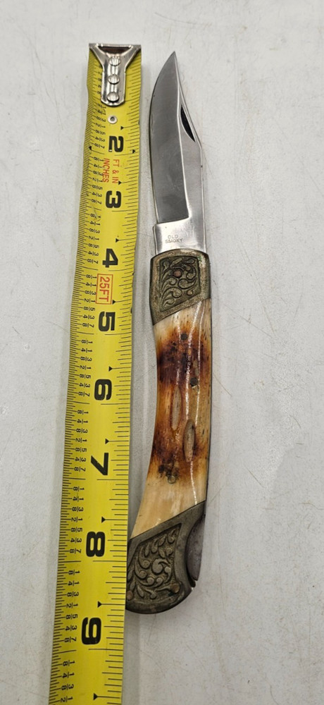 Vintage Old Smokey Folding Hunter Pocket Knife Bone Handle