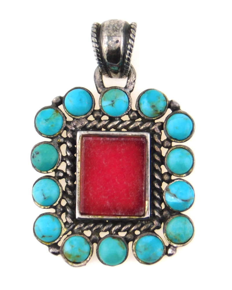 Bohemian Boho 925 Sterling Silver Turquoise & Ruby Pendant