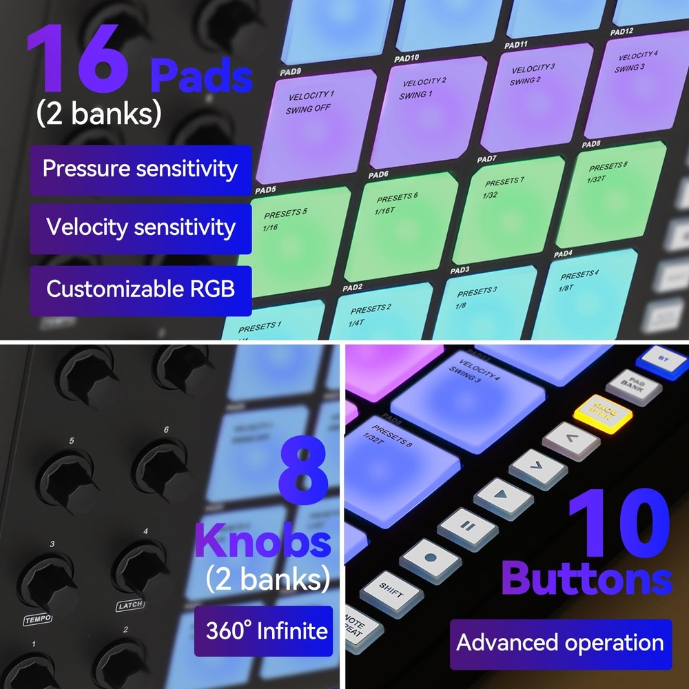 Bluetooth Beat Maker Machine - Portable M-Wave MIDI Controller Drum Pad Keybo...