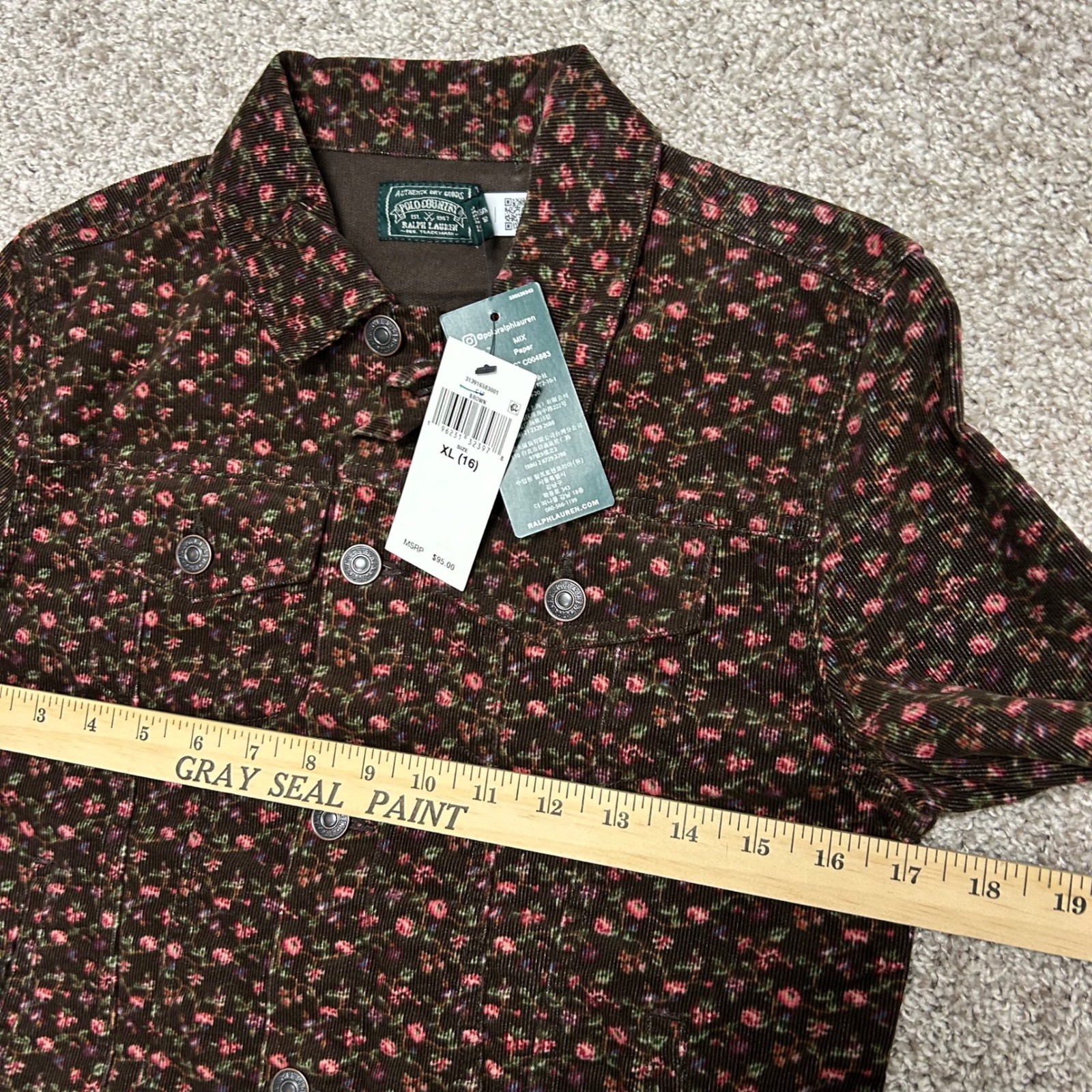 NWT Polo Country Ralph Lauren Floral Corduroy Trucker Jacket Girls Size XL (16)