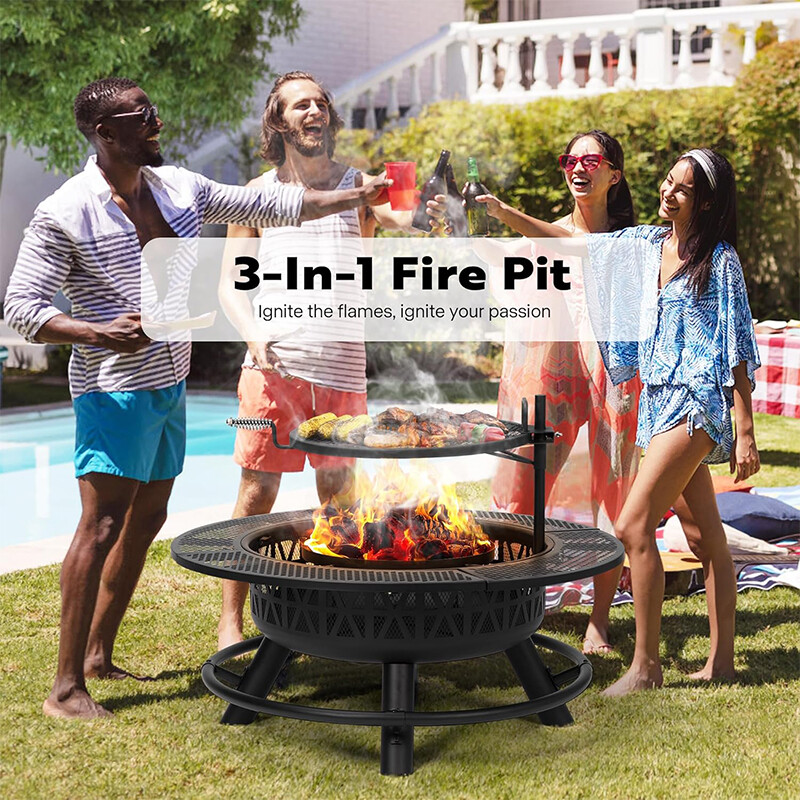 35'' Outdoor Wood Burning Round Fire Pit Barbecue Pit BBQ Backyard Fireplace