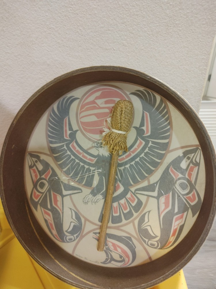 A handmade Native American drum, a Gitxsan.