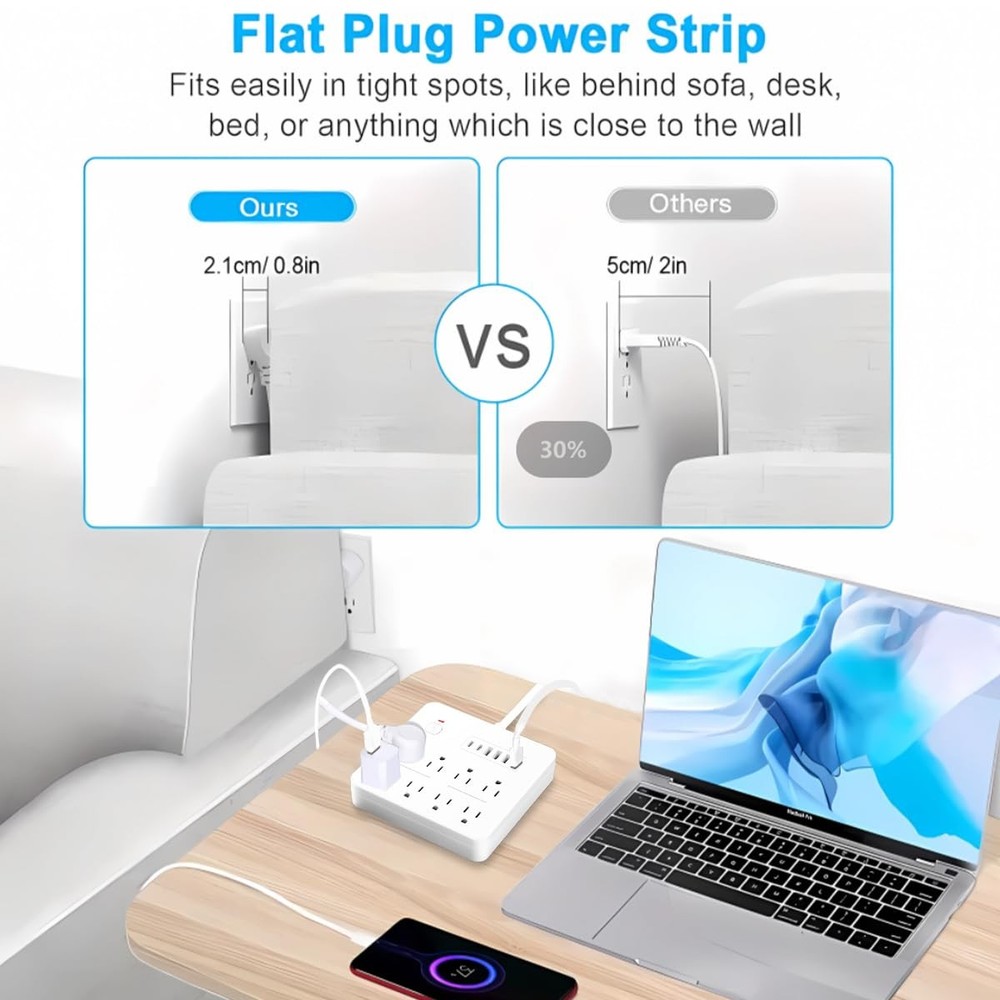 6 FT Flat Plug Surge Protector Power Strip,8 Multiple AC Outlets with 6 USB P...