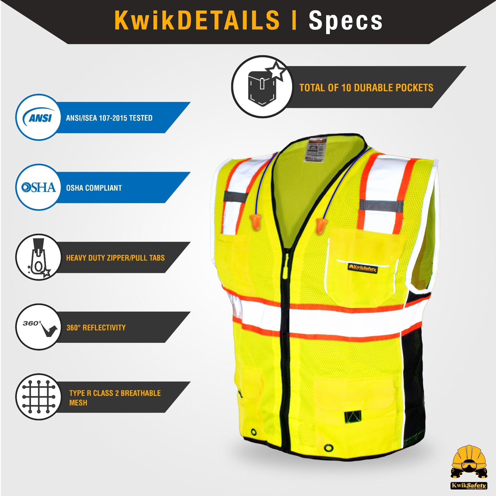 KwikSafety CLASSIC Hi Vis Reflective ANSI PPE Surveyor Class 2 Safety Vest