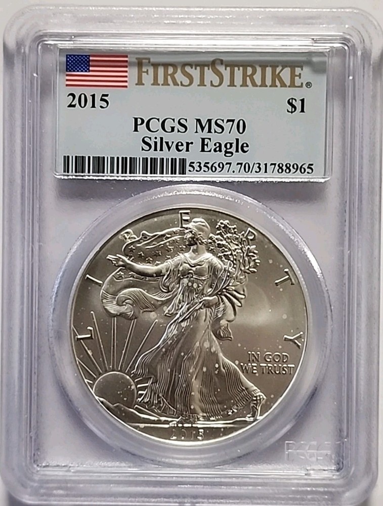 2015 $1 PCGS MS70 AMERICAN SILVER EAGLE - FIRST STRIKE - FLAG LABEL - MS 70