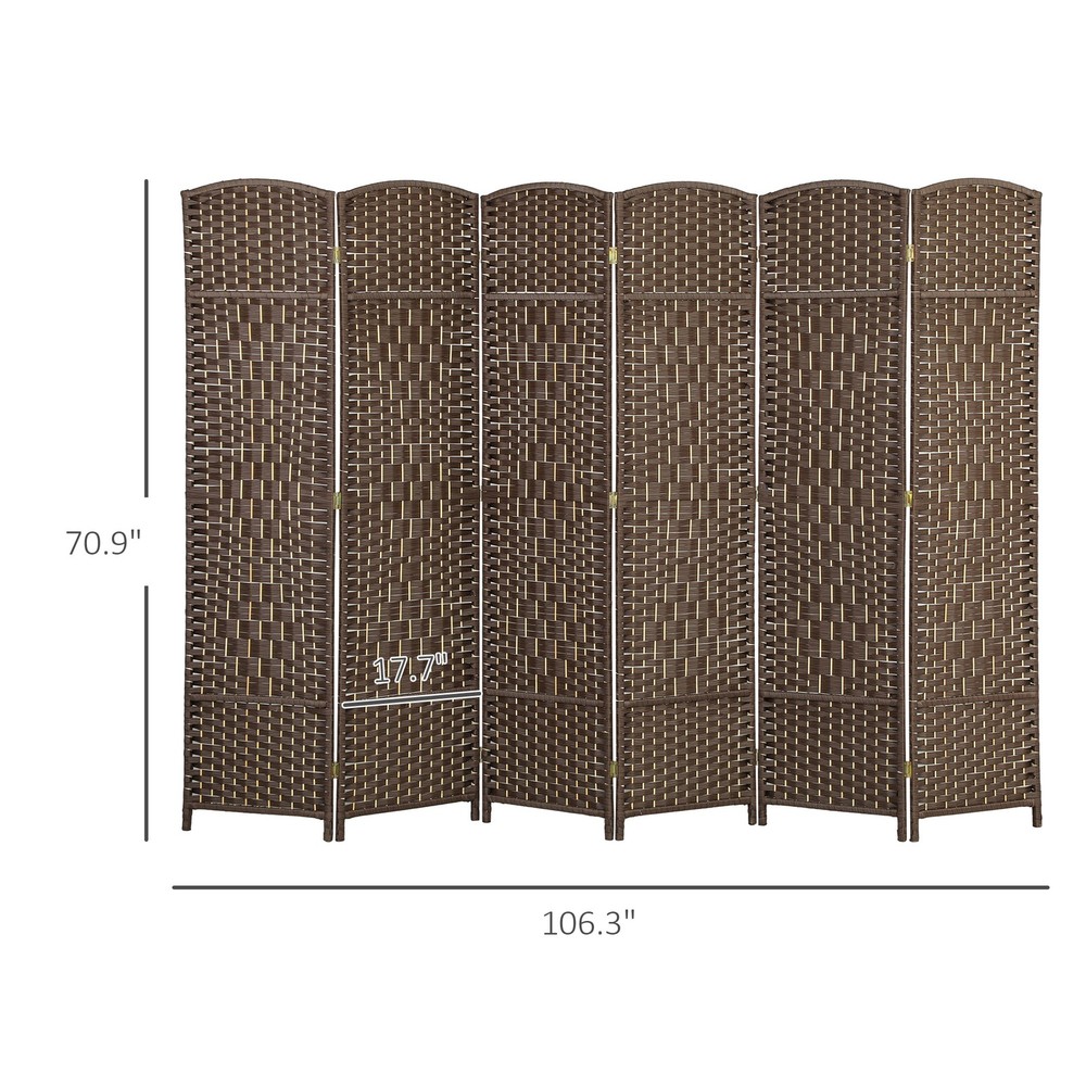 6 Panel Room Divider Hand-Woven Freestanding Partition Brown