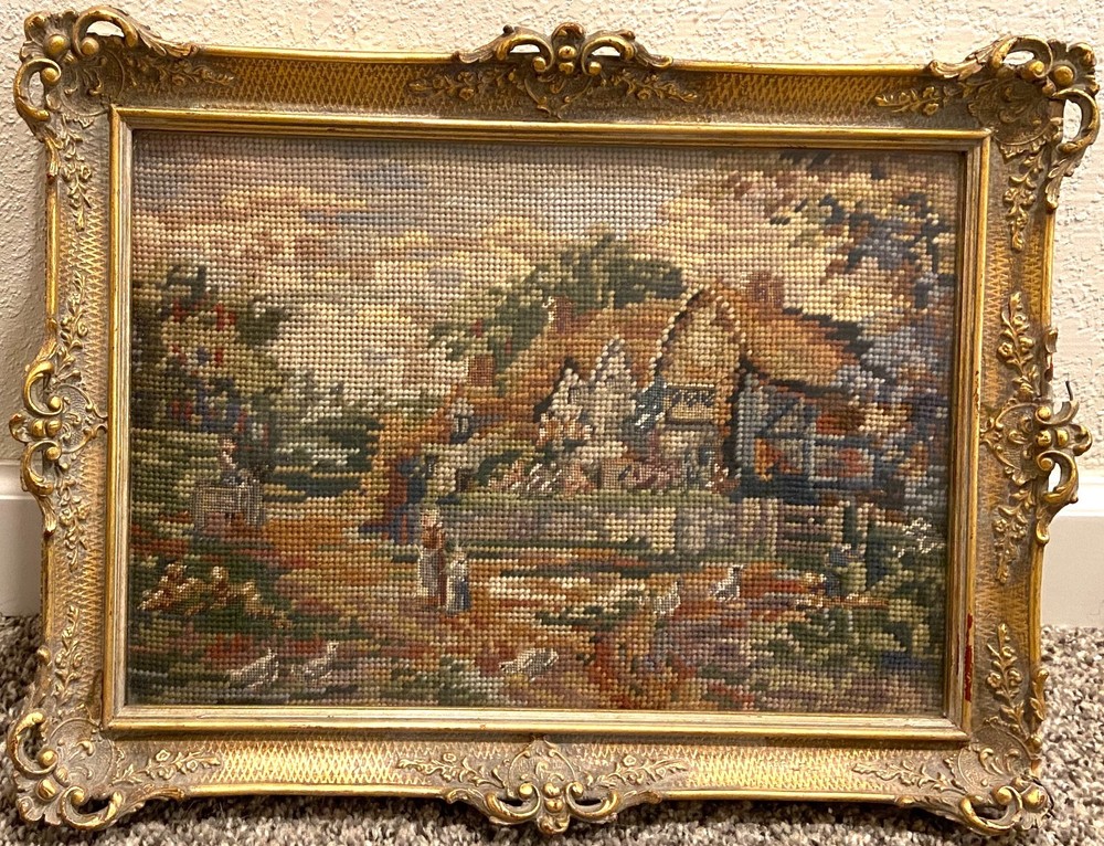 Framed PETIT-POINT Cottagecore Needlepoint - Helen Ellingham style landscape