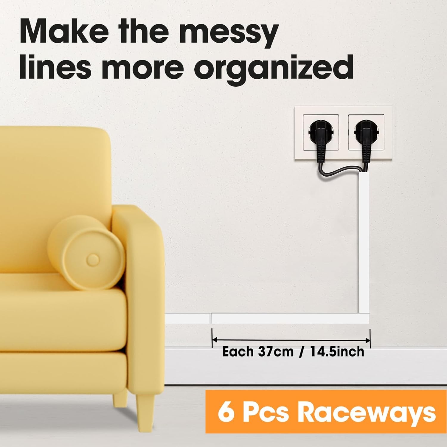 87in Cord Hider Kit Paintable Cable Raceway for Wall Mount TV Wire Covers 6 Pcs