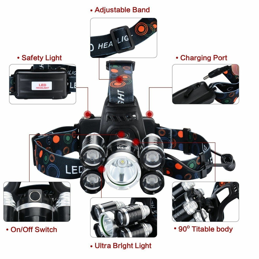 LED Headlamp 5 Head 18650 Headlight Flashlight Torch Light