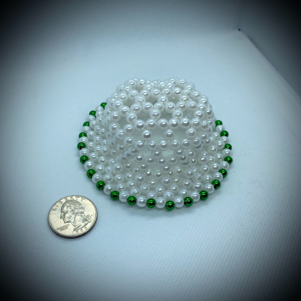 Custom Handmade Hand Made Crafted Beaded Hat Cap White w/ Green