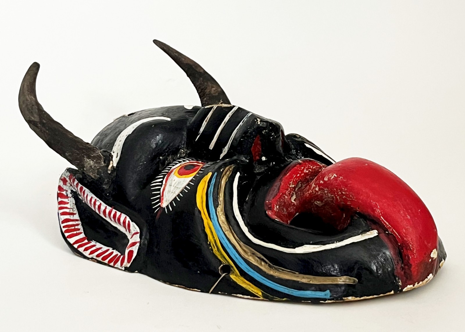 MEXICAN FOLK ART CARVED WOOD BLACK HORNED DIABLO DEVIL DEMON DANCE MASK 14 x 8"