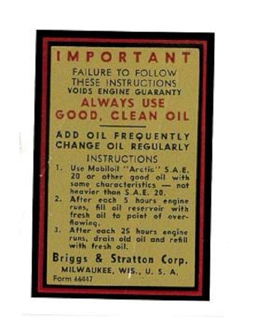 Fits Briggs & Stratton Important Instructions Motor Decal Gas Motor