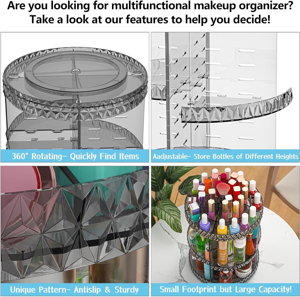 360 Rotating Makeup Organizer, DIY Adjustable Cosmetics Gray
