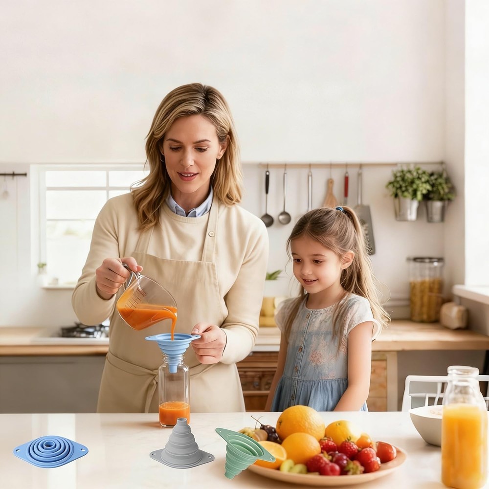 Kitchen Funnel Set 3 Pack, Collapsible Silicone Funnel for Kitchen Use, Small Fu