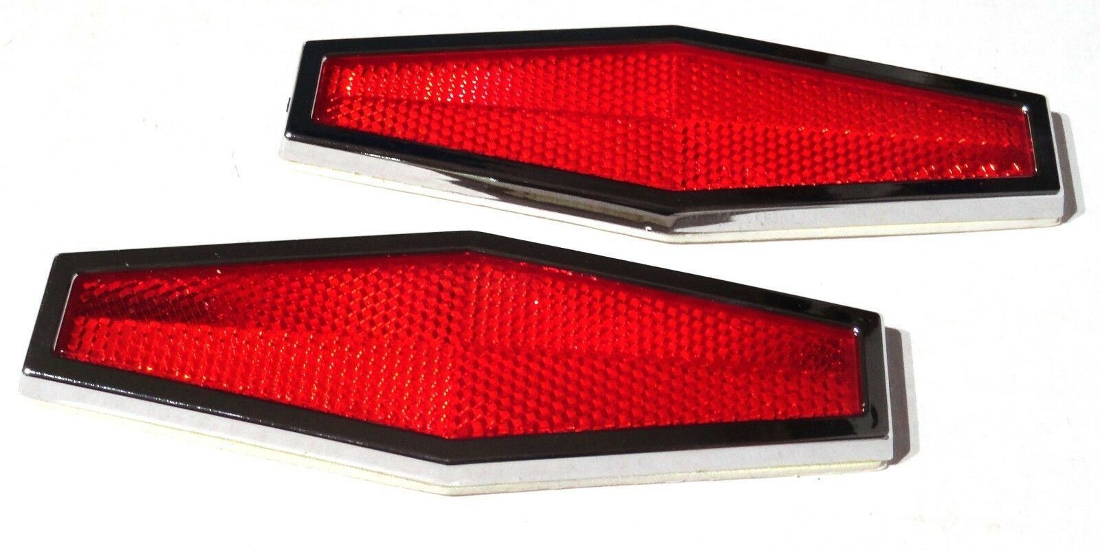Red Hexagon Reflectors 1-3/4" x 5-1/2 Acrylic Lens Chrome Trim Stick-On GG#80864