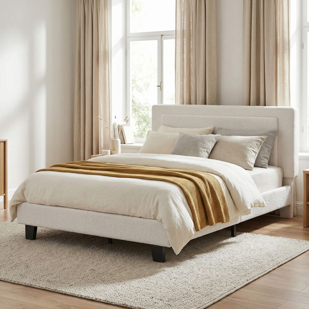 Bed Frame Full Size Upholstered Bed Frame with Adjustable Headboard Solid Wood