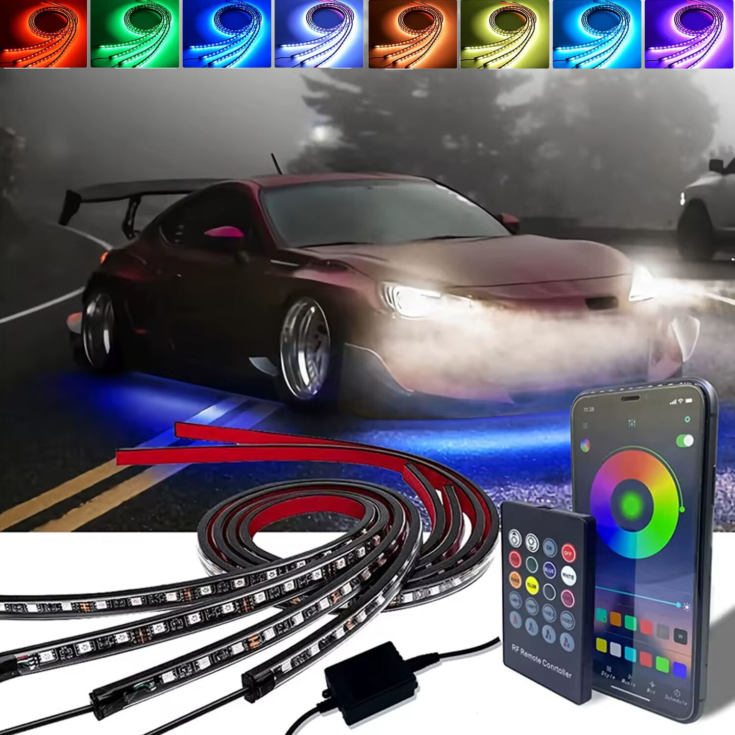 4 Pack RGB Under Car Strip Light Kit LED Neon Tube Underglow Underbody System