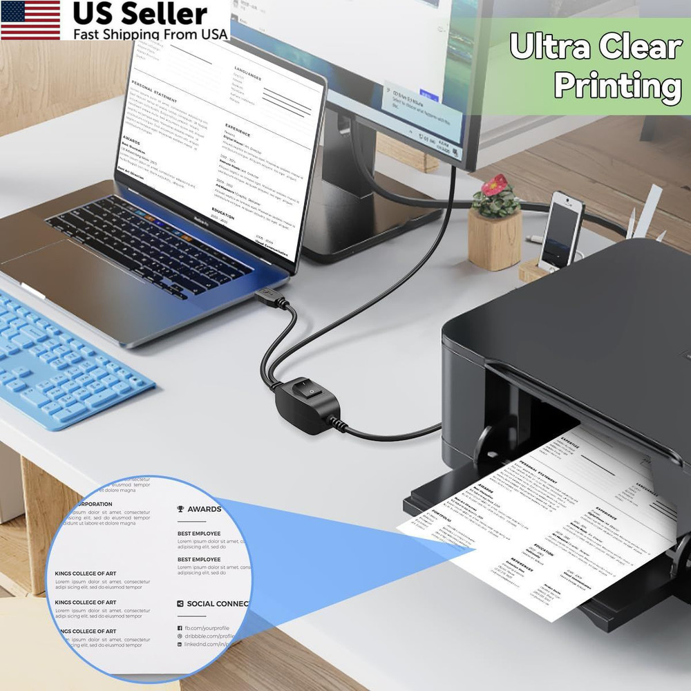 Herfair Printer Cable Splitter for Two Computers USB Splitter 1 in 2 Out USB-B S