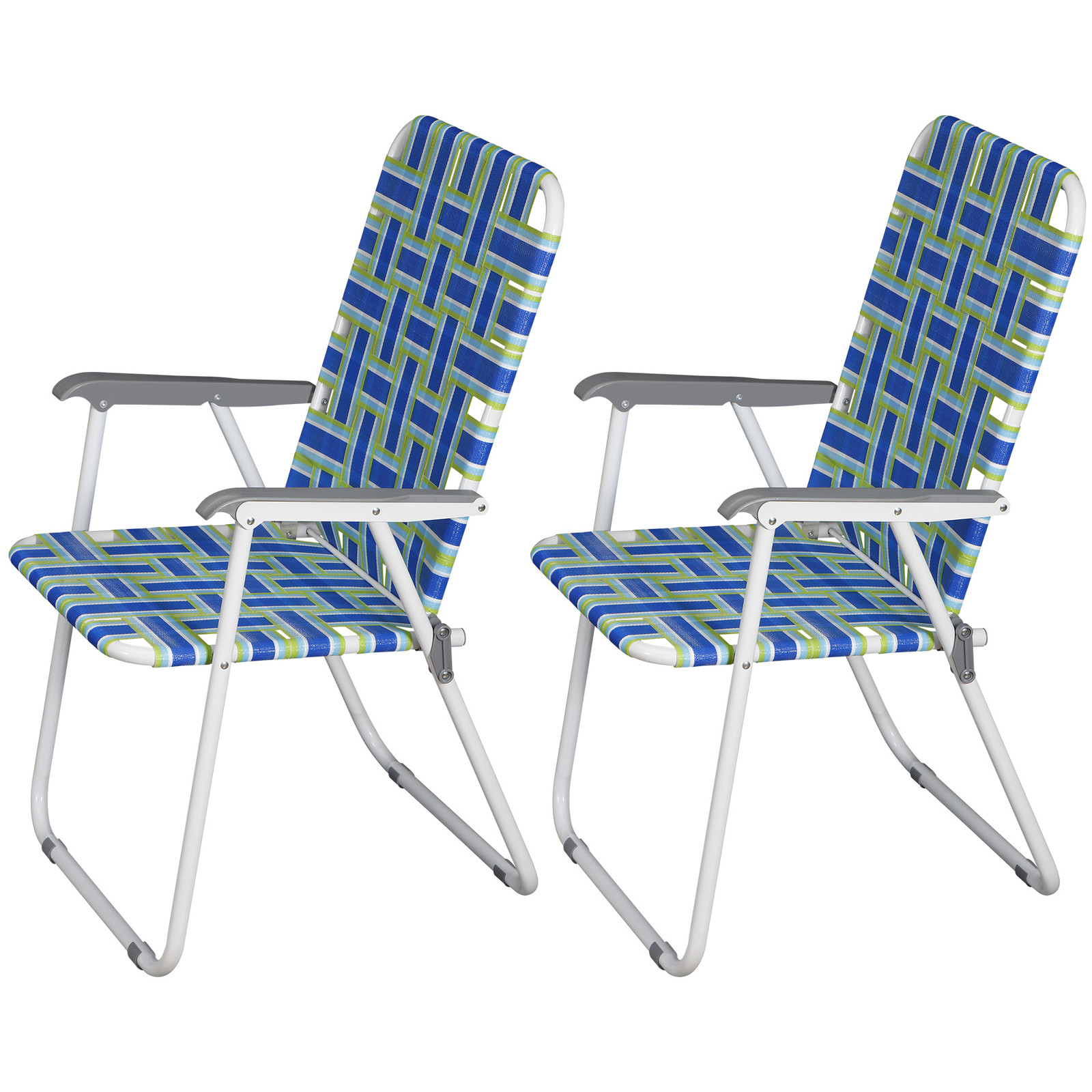 Metal Frame Blue Beach Chairs Set of 2 Webbed Folding Patio Lawn Camping Chairs