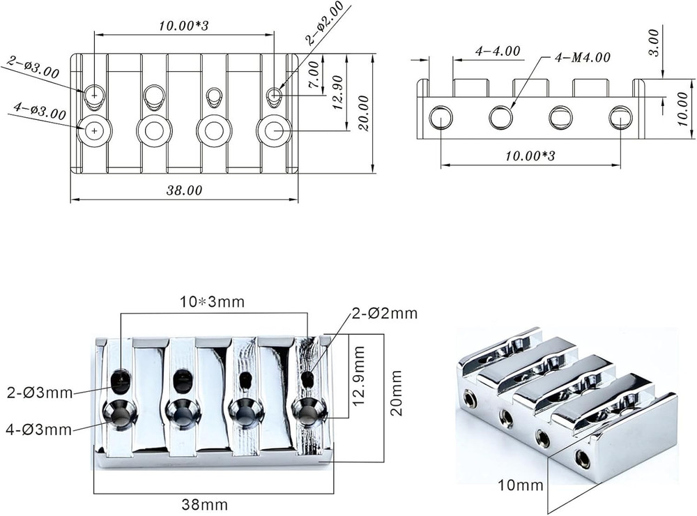 Chrome Brass 4 String Headless Bass Bridge String Lock Nut