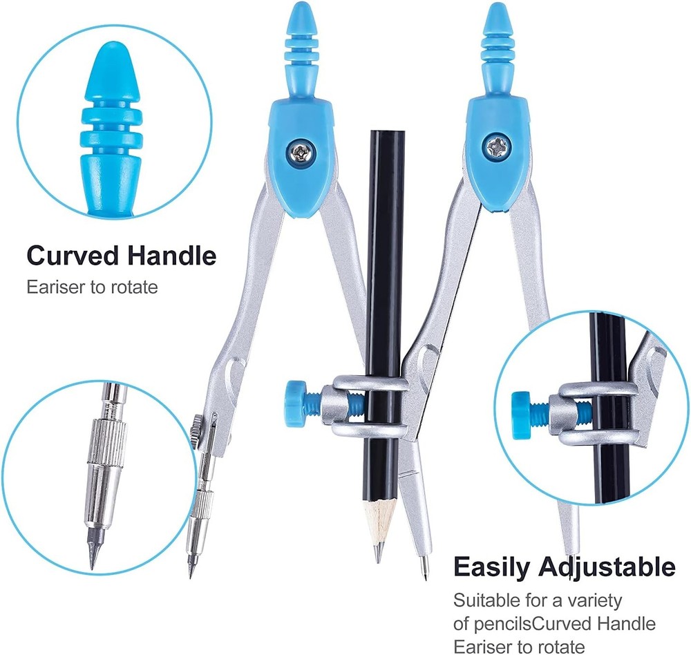 Math Geometry Kit Set 10 Pieces with Shatterproof Storage Box, Student Blue