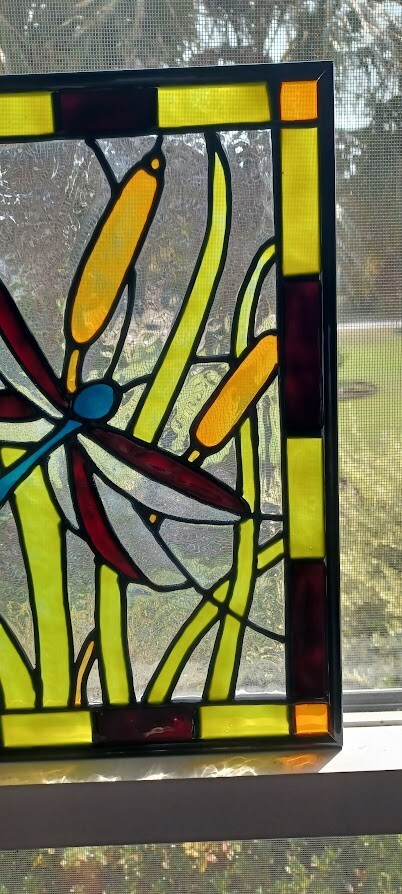 Dragonfly Stained Glass Window Panel Hand Painted