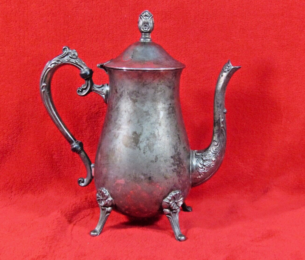 Vintage Chinese Silver-Plated Footed Coffee Tea Pot Hinged Lid 9.5" Tall Patina