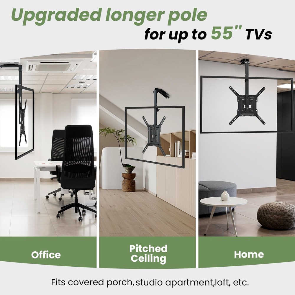 Adjustable Ceiling TV Mount - 23-55'' Flip Down, Swivel, Max Load 44 lbs