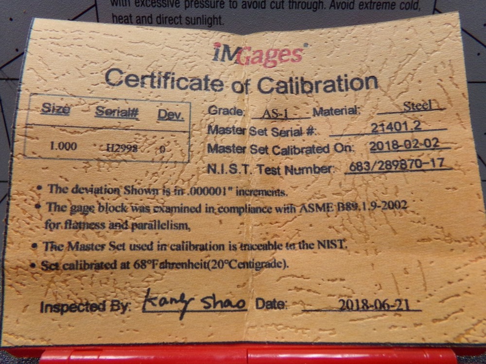 1" Rectangular Steel Gage Block Accuracy Grade AS-1, Includes NIST (C)