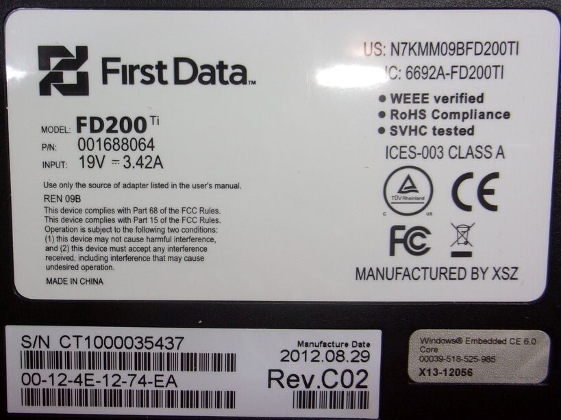 First Data FD200Ti 001688064 Credit Card Check Reader Terminal