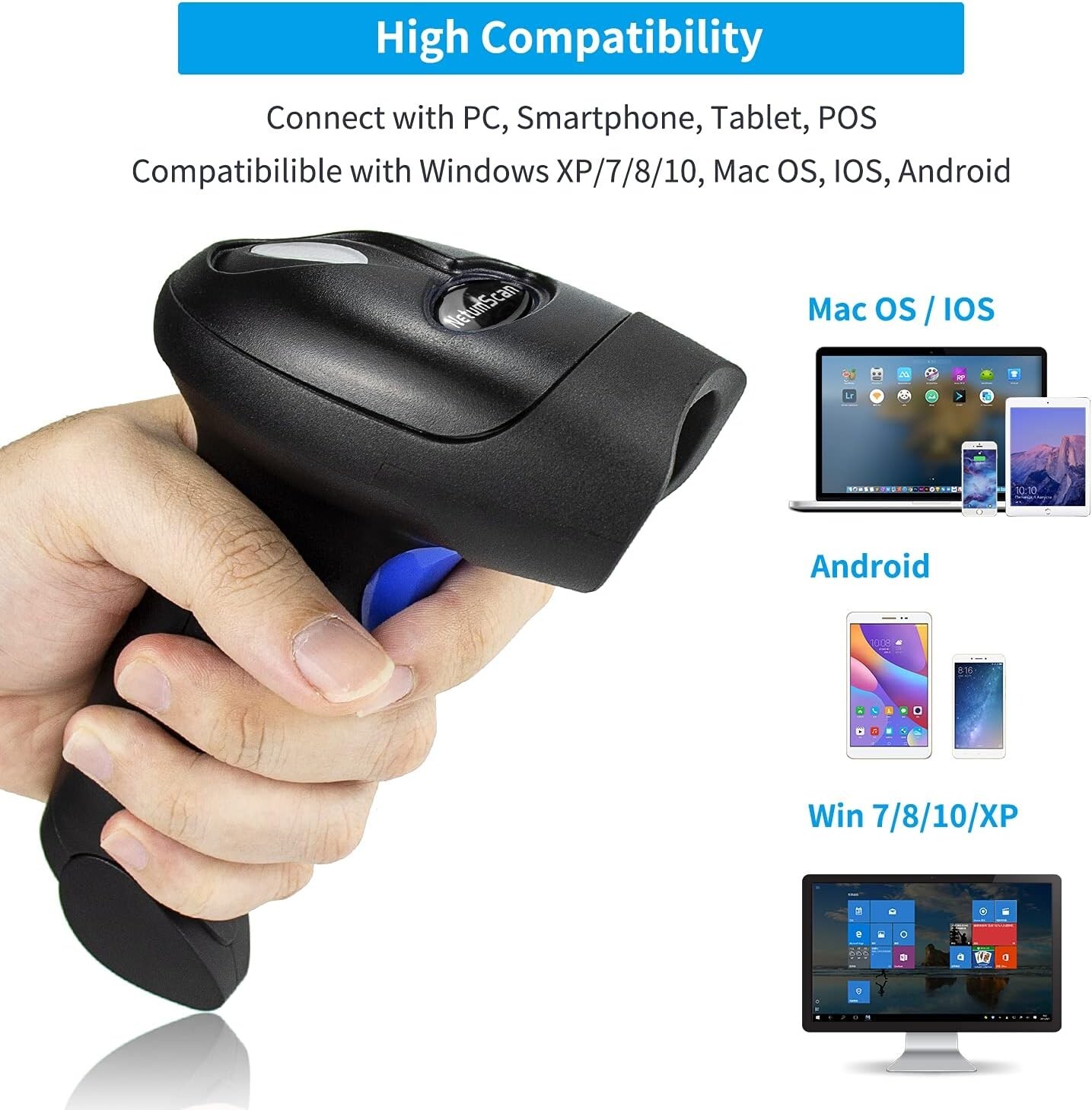 2.4Ghz Wireless Barcode Scanner USB Cordless 1D 2D Laser Barcode Reader Handhold