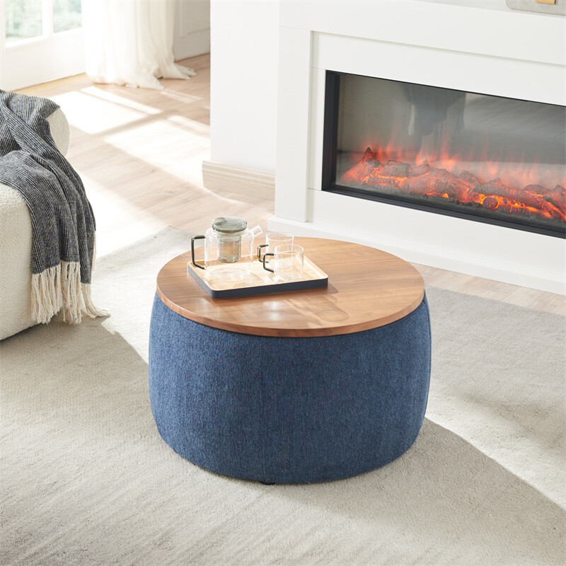 Round Storage Ottoman, 2 in 1 Function, Work as End table & Ottoman-Navy