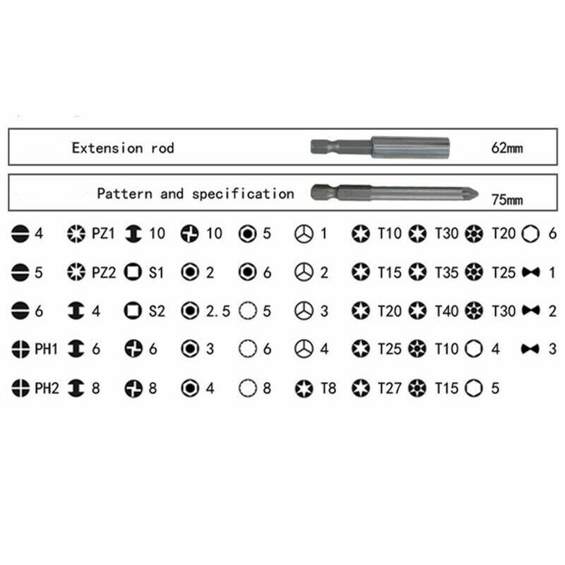 50Pcs Extra Long Security Bits Hex Torx Star Spline Flat Screwdriver Bit Box Set