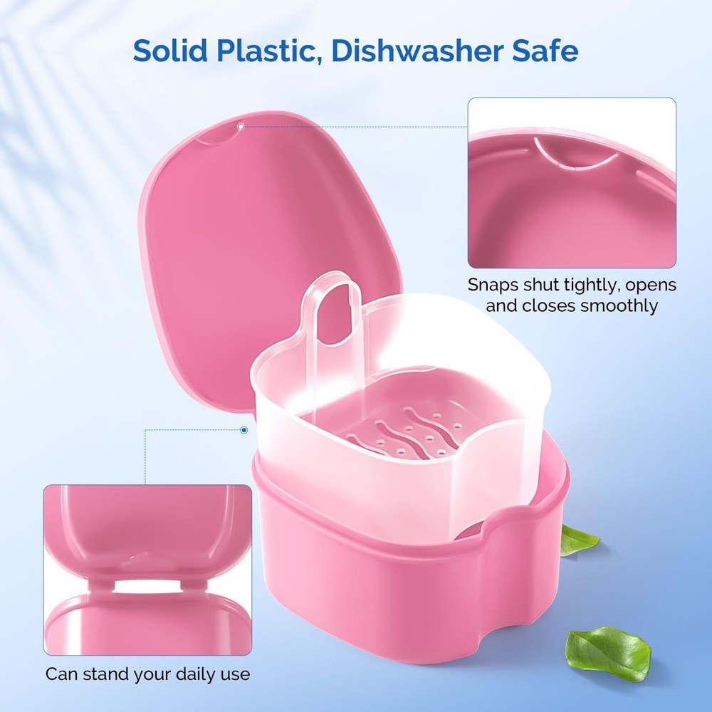 JMU Denture Bath Case, Cup for Soaking Dentures with Small, Pink