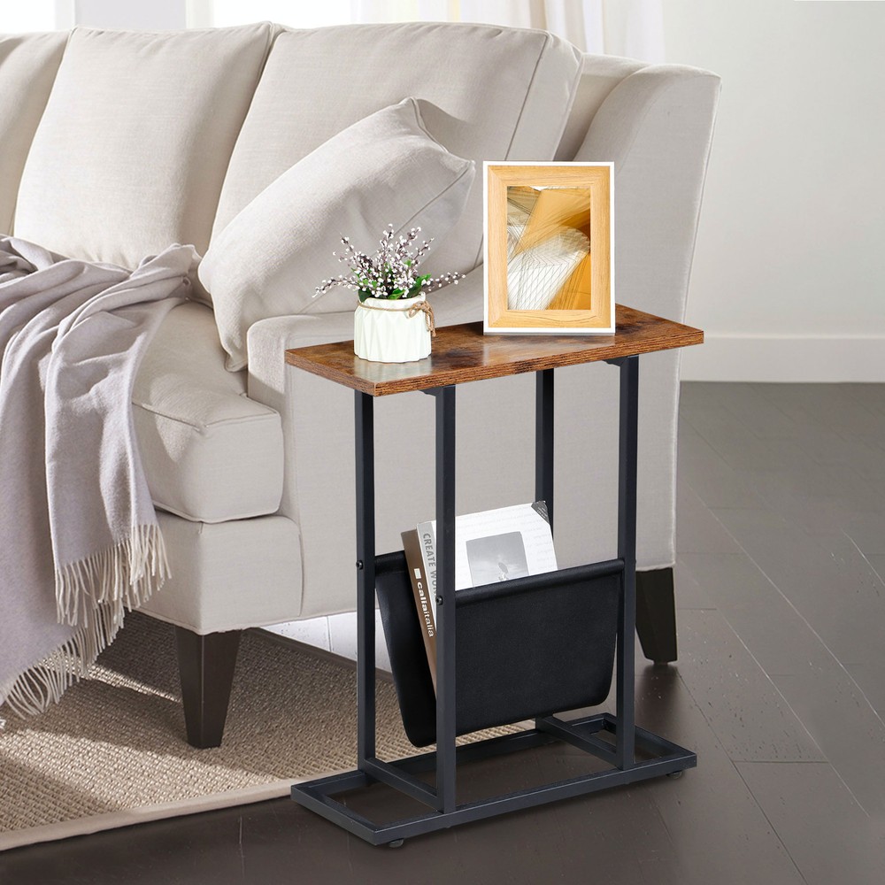 Small Narrow Side Table End Table Magazine Table w/ Storage Holder Rustic Brown