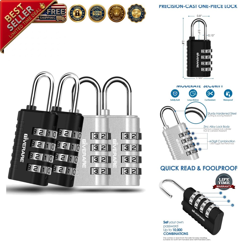 4 Pack Keyless 4-Digit Combination Lock - Lightweight, Weatherproof Padlocks