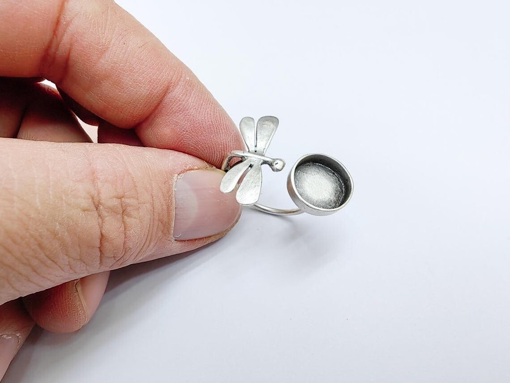 Dragonfly Silver Ring Setting Blank Cabochon Mounting Adjustable 12mm G36734