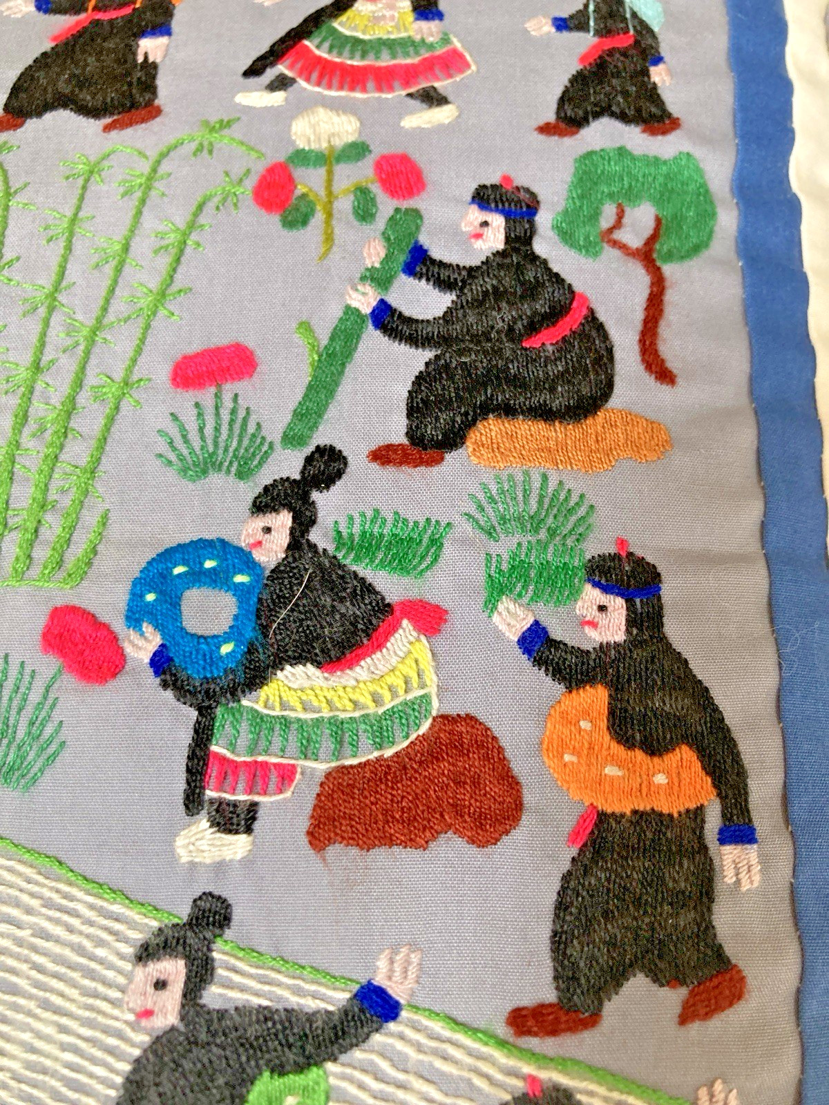 Hmong Story Pillow Throw Tapestry Embroidered Patchwork Textile Zip Close Blues