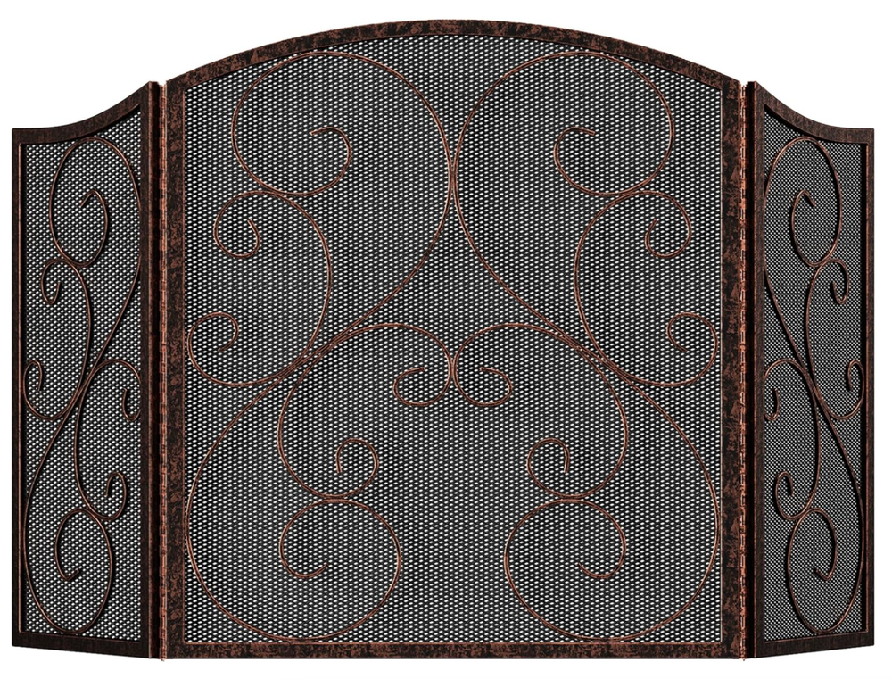 3 Panel Iron Fireplace Mesh Screen Traditional Scroll Metal Brushed Copper Guard