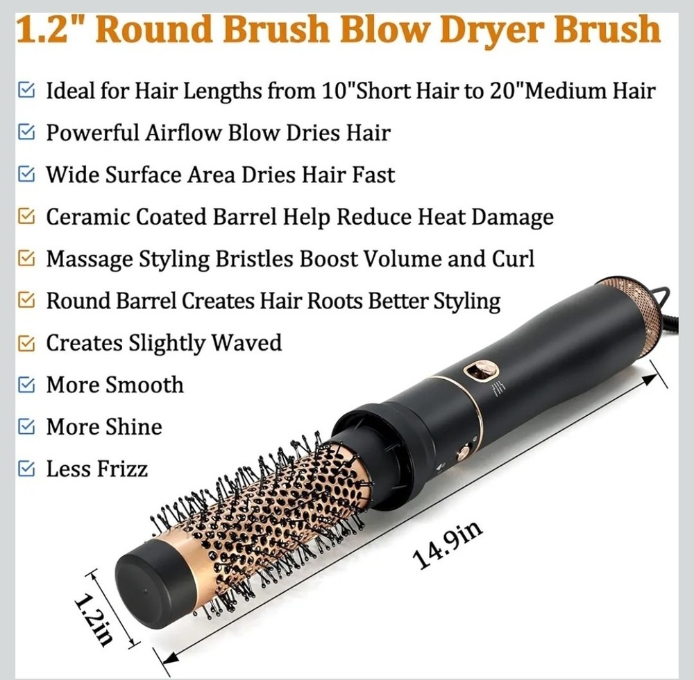 1.2" Brush Dryer, Ceramic Barrel, Ionic Technology, 3 Speeds, Black Gold