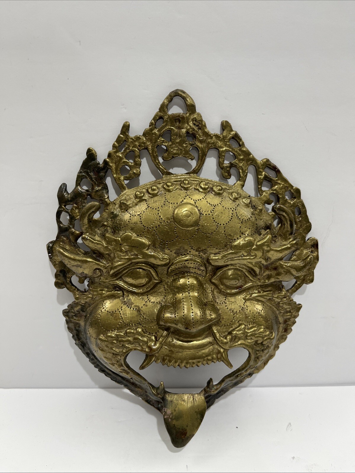 Antique or Vintage Gilt Bronze Tibetan Buddha Mahakala Mask Wall Hanging 9” T