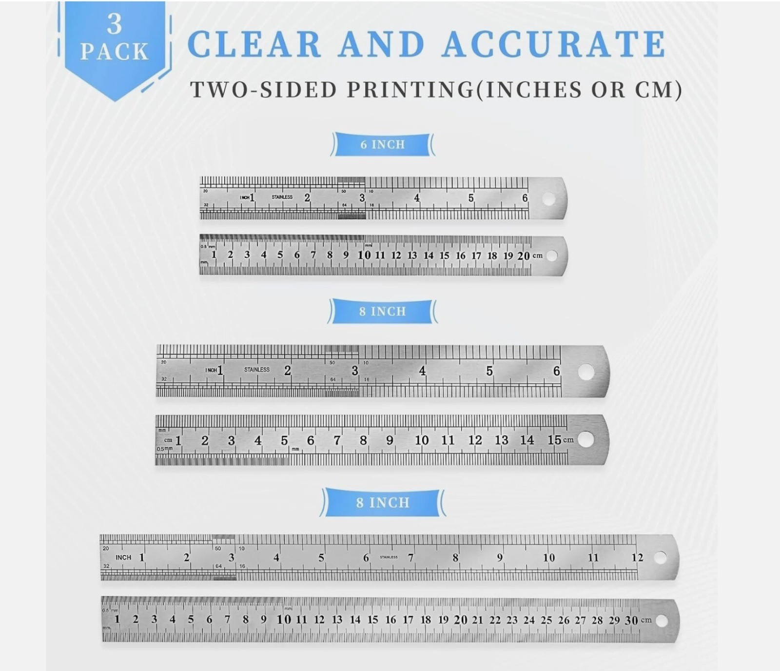 3Pcs Stainless Steel Ruler Set 6 8 12 Inch Metal Ruler with Inch and Metric New