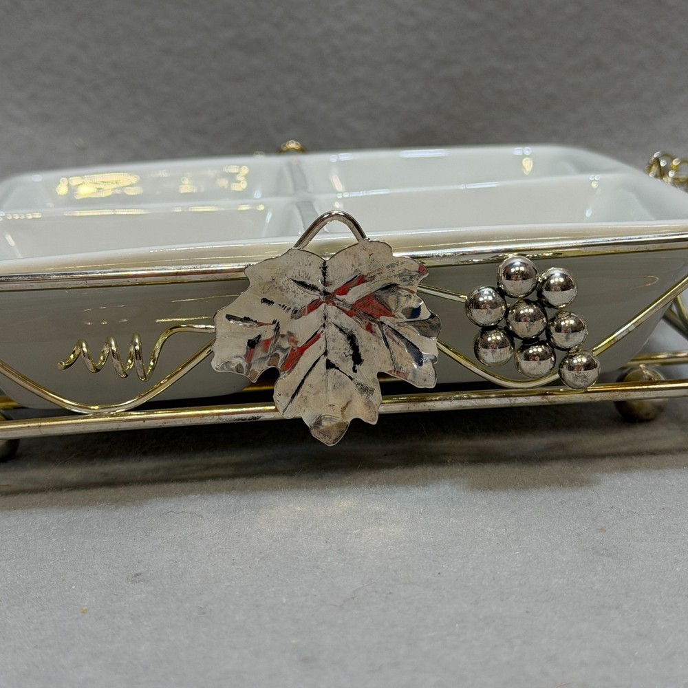 STUDIOSILVER Vintage Divided Ceramic Appetizer Dish Silver Metal Holder